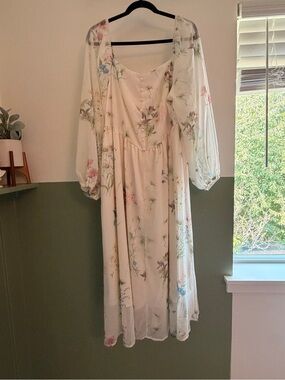 SHEIN White Floral Long Sleeve Midi Dress with Pastel Blooms